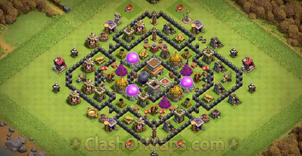 Th8 hybrid/trophy base design for 2020 with optimal layout for Clash of Clans Town Hall 8